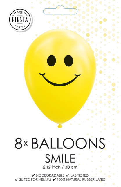 Gele Ballonnen Smiley 30,5cm 8st