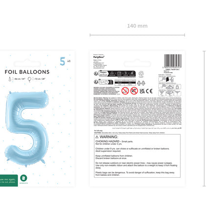 5 Jaar Cijfer Ballon Lichtblauw Leeg 72cm