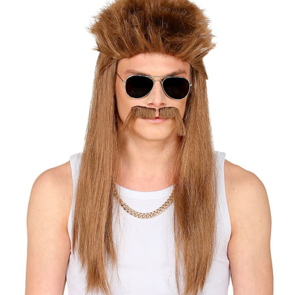 Jaren 80 Pruik Aso Bruin met Snor