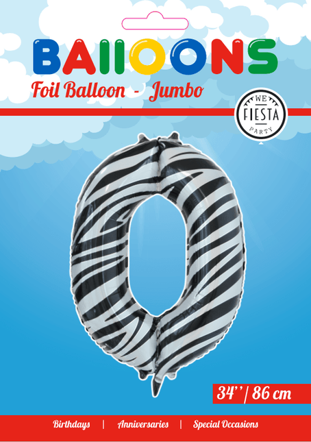 Folie Ballon Cijfer 0 Zebra XL 86cm leeg van WeFiesta koop je bij Partywinkel