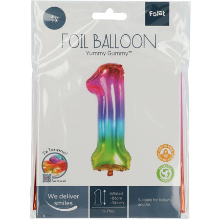Folie Ballon Cijfer 1 Regenboog XL 81cm leeg van Folat koop je bij Partywinkel