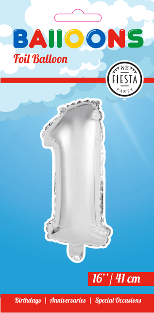 Folie Ballon Cijfer 1 Zilver 41cm met Rietje van WeFiesta koop je bij Partywinkel