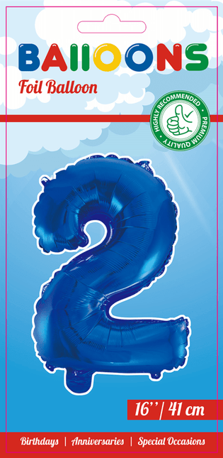 Folie Ballon Cijfer 2 Blauw 41cm met Rietje van WeFiesta koop je bij Partywinkel
