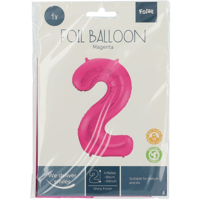 Folie Ballon Cijfer 2 Fuchsia Metallic XL 86cm leeg van Folat koop je bij Partywinkel