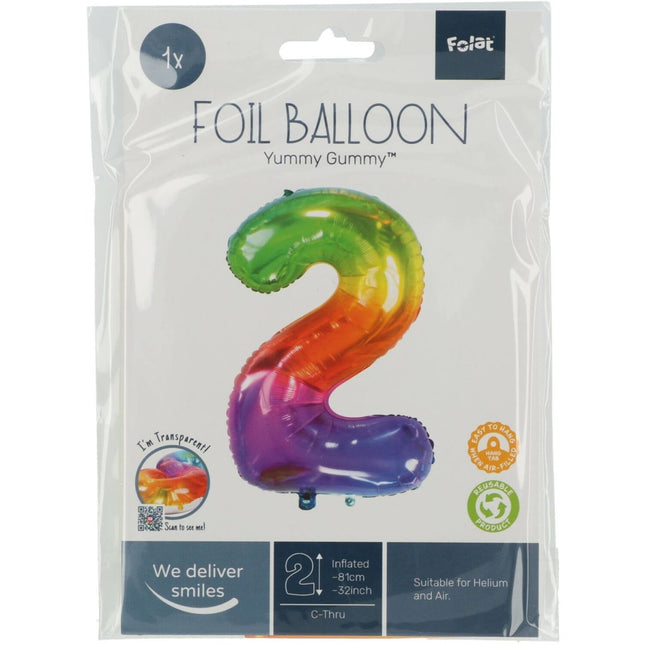 Folie Ballon Cijfer 2 Regenboog XL 81cm leeg van Folat koop je bij Partywinkel