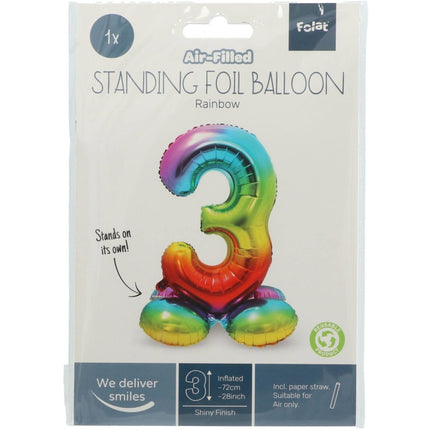 Folie Ballon Cijfer 3 Regenboog met standaard 72cm van Folat koop je bij Partywinkel