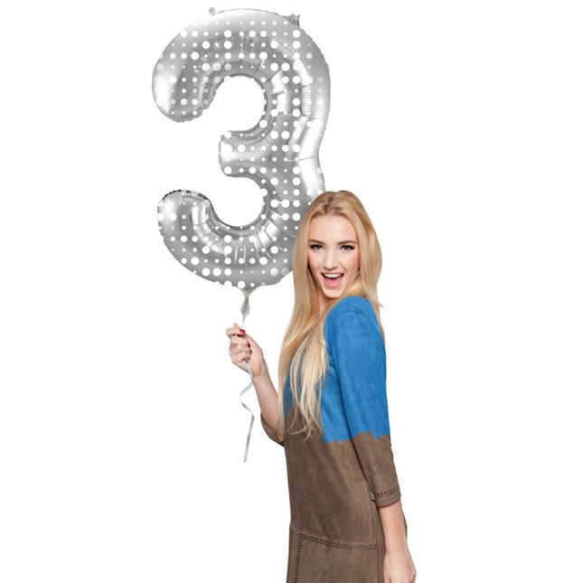Folie Ballon Cijfer 3 Zilveren Stippen XL 86cm leeg van Folat koop je bij Partywinkel