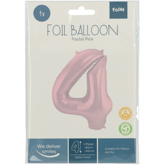 Folie Ballon Cijfer 4 Pastel Roze XL 86cm leeg van Folat koop je bij Partywinkel