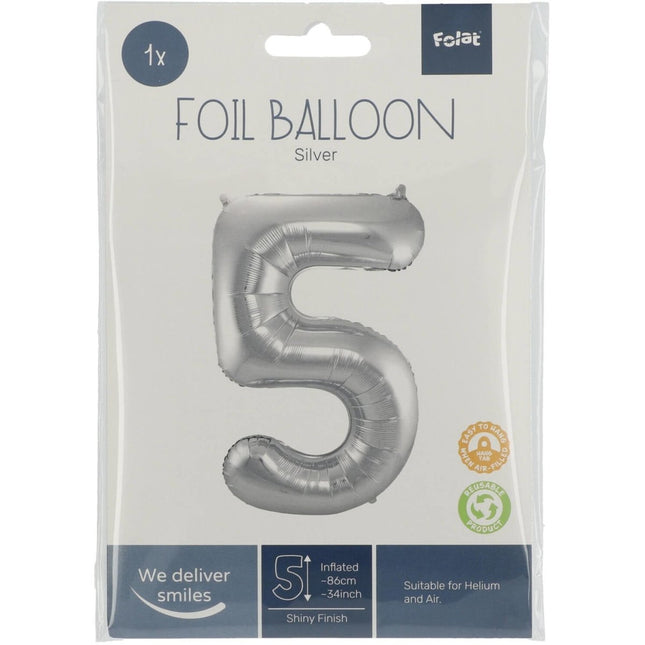 Folie Ballon Cijfer 5 Zilver Metallic XL 86cm leeg van Folat koop je bij Partywinkel