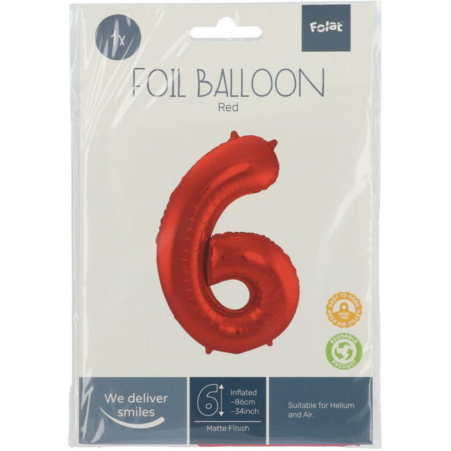 Folie Ballon Cijfer 6 Mat Rood XL 86cm leeg van Folat koop je bij Partywinkel