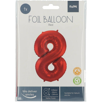 Folie Ballon Cijfer 8 Mat Rood XL 86cm leeg van Folat koop je bij Partywinkel