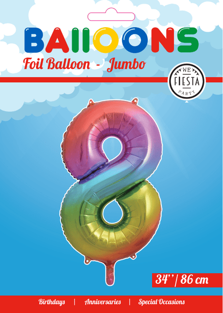 Folie Ballon Cijfer 8 Regenboog XL 86cm leeg van WeFiesta koop je bij Partywinkel