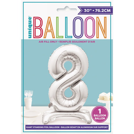 Folie Ballon Cijfer 8 Zilver Standaard 76cm van Unique koop je bij Partywinkel