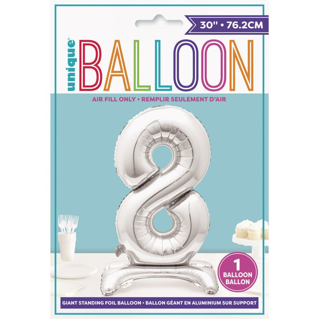 Folie Ballon Cijfer 8 Zilver Standaard 76cm van Unique koop je bij Partywinkel