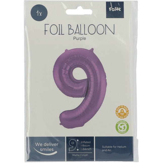 Folie Ballon Cijfer 9 Mat Paars XL 86cm leeg van Folat koop je bij Partywinkel