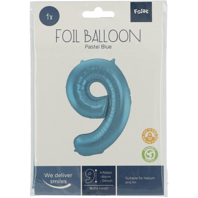 Folie Ballon Cijfer 9 Pastel Blauw XL 86cm leeg van Folat koop je bij Partywinkel
