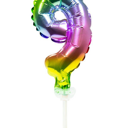 Folie Ballon Cijfer 9 Regenboog 13cm met Stokje van Folat koop je bij Partywinkel