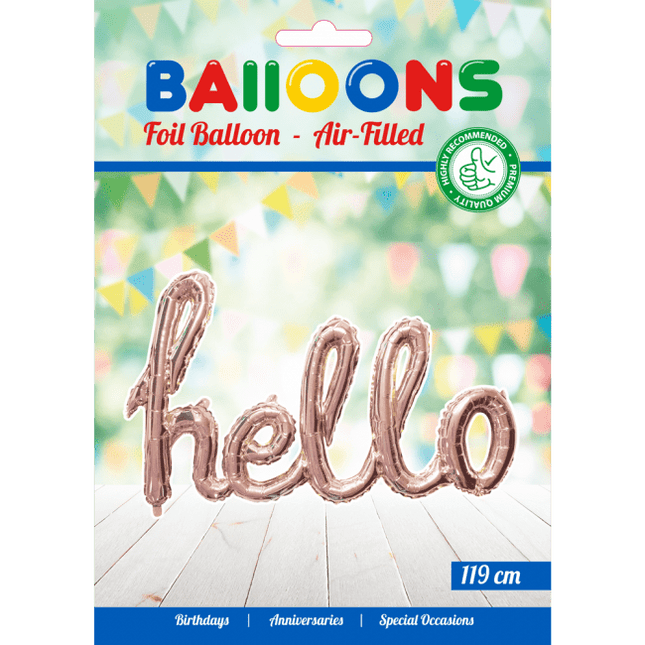 Folie Ballon Hello Rose Goud 1,19m leeg van WeFiesta koop je bij Partywinkel