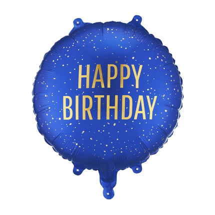 Folie ballon rond Happy Birthday, 35x35 cm, marineblauw van Partydeco koop je bij Partywinkel
