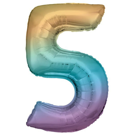 Folieballon – Cijfer 5 – Rainbow Pastel – 92 x 57 cm van Riethmueller koop je bij Partywinkel