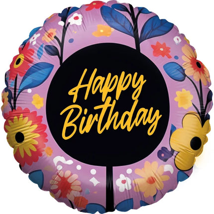 Happy Birthday Helium Ballon Paars Bloemen Leeg 45cm
