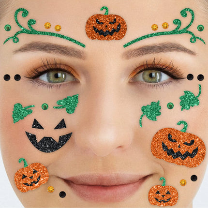 Groen Oranje Nep Tattoos Gezicht Glitter Pompoen