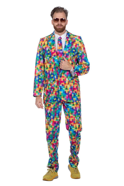 Gekleurd Pak Heren Puzzelstukjes 3 delig van Wilbers & Wilbers koop je bij Partywinkel