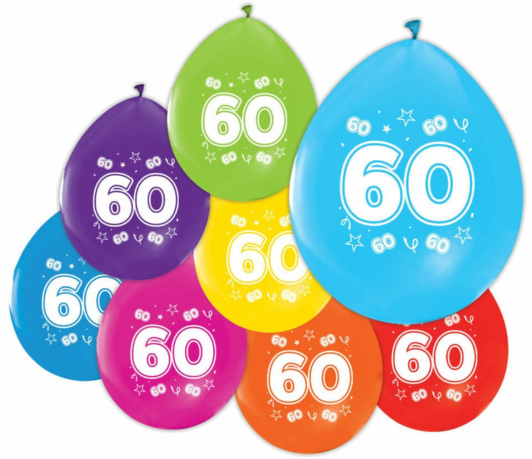 Gekleurde Ballonnen 60 Jaar 30cm 8st van WeFiesta koop je bij Partywinkel