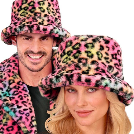 Gekleurde Bucket Hat Panterprint Pluche van Widmann koop je bij Partywinkel