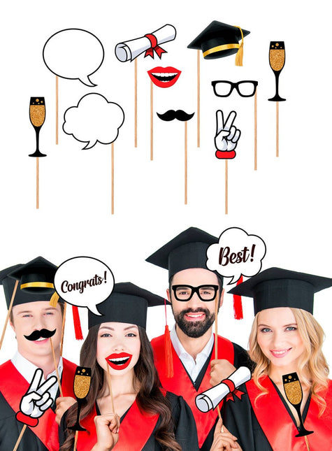 Geslaagd Photobooth Props Zwart Goud 10st van Fiestas Guirca koop je bij Partywinkel