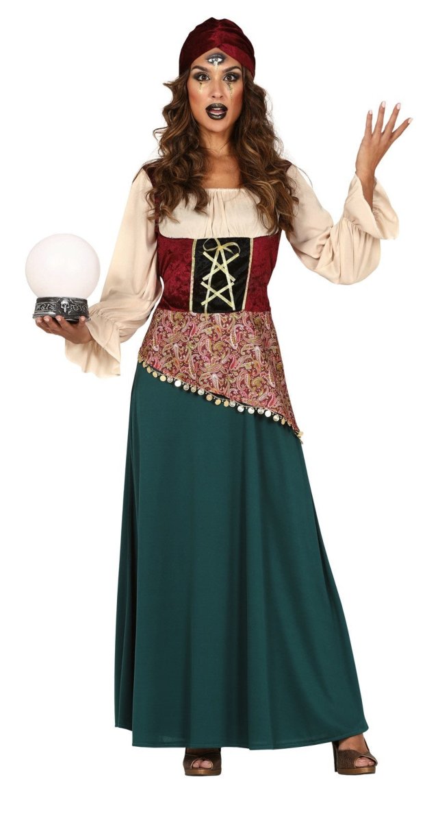 Halloweenkostuum, uniseks, middeleeuwse swing-jurk met capuchon, print
