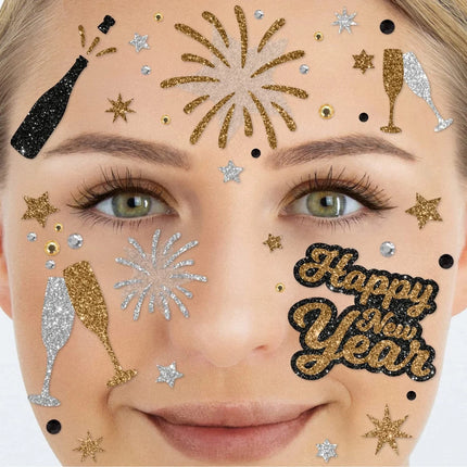 Goud Zilveren Nep Tattoos Gezicht Glitter Happy New Year van VDV Benefit koop je bij Partywinkel