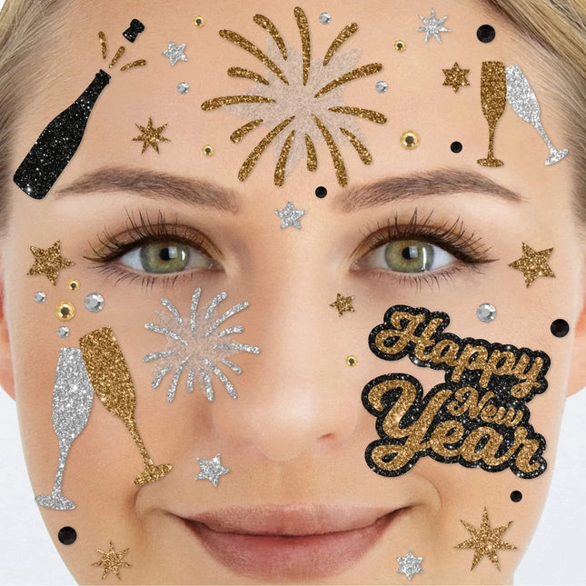 Goud Zilveren Nep Tattoos Gezicht Glitter Happy New Year van VDV Benefit koop je bij Partywinkel