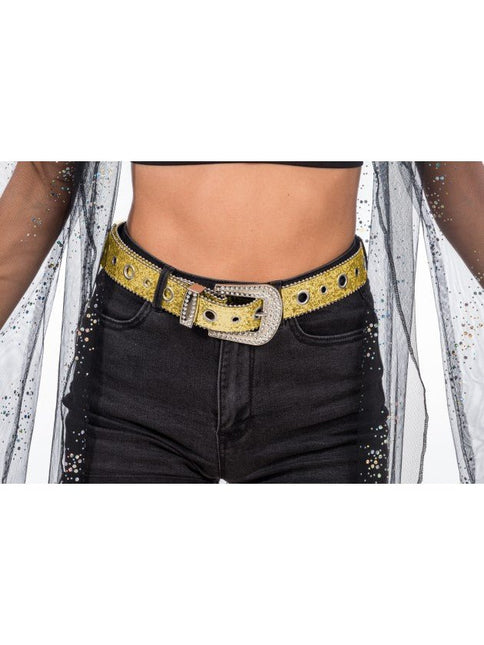 Gouden Glitterriem met Strass Western Gesp 112cm van CHAKS koop je bij Partywinkel