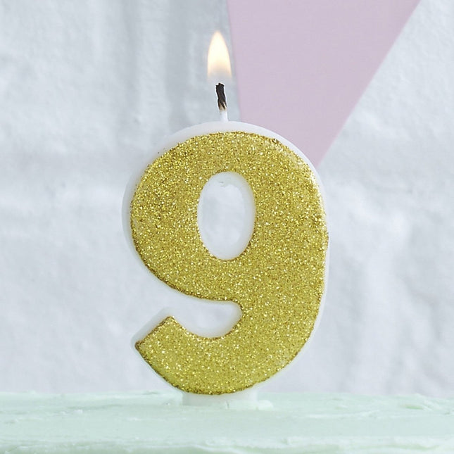 Gouden Kaars 9 Jaar Glitters 6cm van Ginger Ray koop je bij Partywinkel