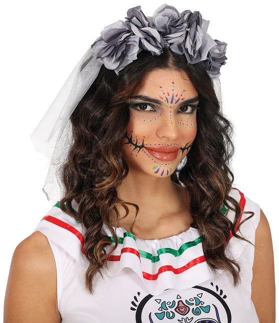 Halloween Haarband Grijs Sluier En Bloemen van Fiestas Guirca koop je bij Partywinkel