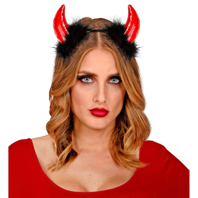 Halloween Haarband Zwart Rood Duivel Met Veren van Widmann koop je bij Partywinkel