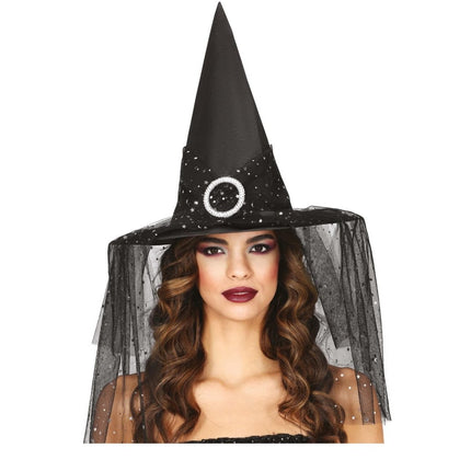 Halloween Heksenhoed Met Sluier En Sterren van Fiestas Guirca koop je bij Partywinkel