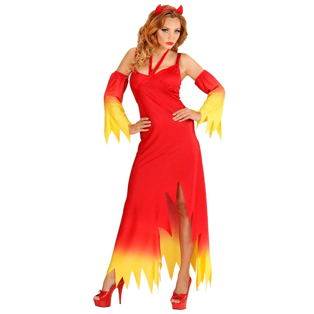 Halloween Jurk Rood Geel Dames Duivel van Widmann koop je bij Partywinkel