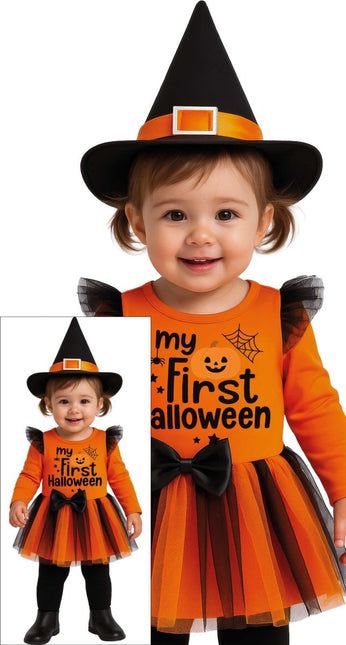 Halloween Kostuum Zwart Oranje Baby Heks van Fiestas Guirca koop je bij Partywinkel