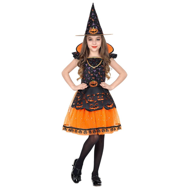Halloween Kostuum Zwart Oranje Meisje Heks van Widmann koop je bij Partywinkel