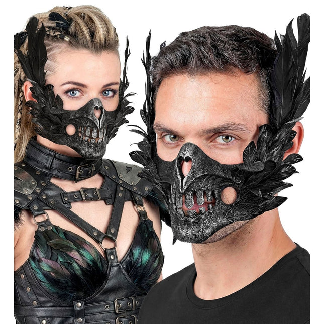 Halloween Masker Zwart Schedel Met Veren van Widmann koop je bij Partywinkel