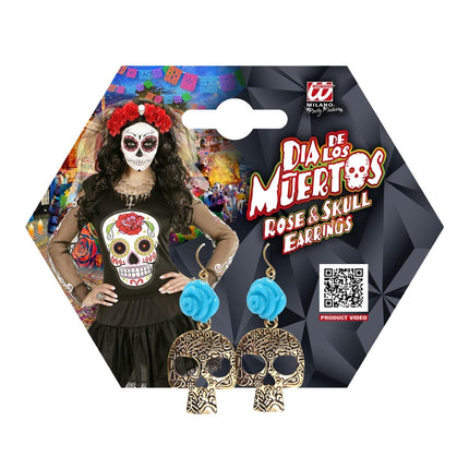 Halloween Oorbellen Blauw Schedels Met Roos van Widmann koop je bij Partywinkel