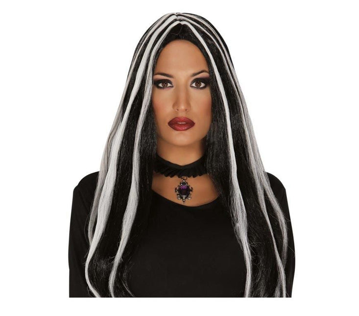 Halloween Pruik Lang Haar Witte Strepen van Fiestas Guirca koop je bij Partywinkel