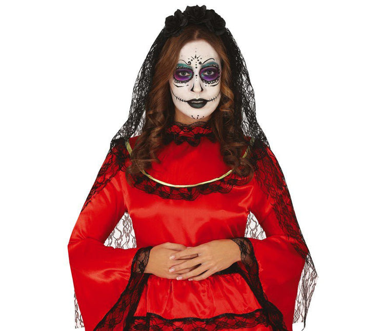 Halloween Tiara Bloemen En Sluier Zwart van Fiestas Guirca koop je bij Partywinkel