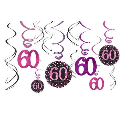 Hangdecoratie 60 Jaar Happy Birthday Roze 63,5cm 12st van Riethmueller koop je bij Partywinkel