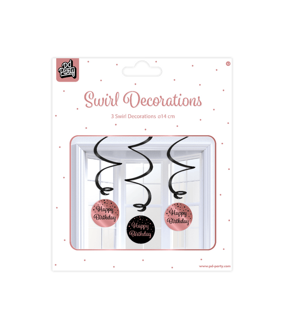 Hangdecoratie Happy Birthday Zwart Roze 17cm 3st van Paper Dreams koop je bij Partywinkel