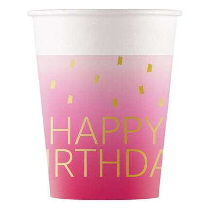 Happy Birthday Bekers Goud Roze 200ml 8st van Procos koop je bij Partywinkel