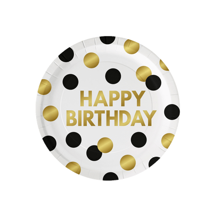 Happy Birthday Borden Zwart Goud Stippen 23cm 8st van Paper Dreams koop je bij Partywinkel