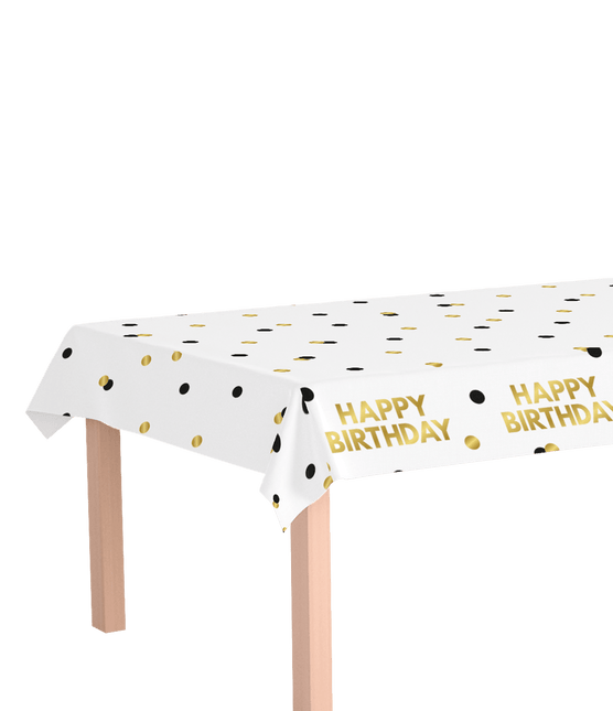 Happy Birthday Tafelkleed Stippen 2,74m van Paper Dreams koop je bij Partywinkel